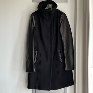 MACKAGE Black Wool & Cashmere Blend Coat w/ Leather Sleeves & Quilted Inside